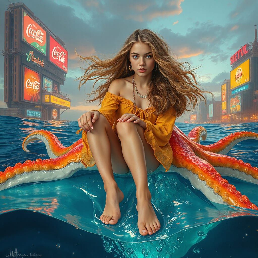 Luminous Bohemian Woman on Iridescent Squid