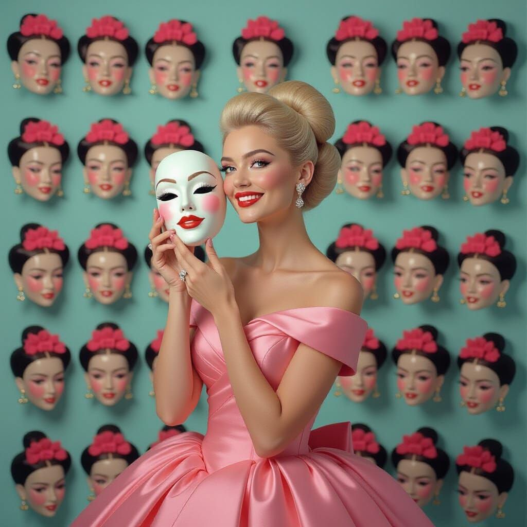 Woman with Masks: Surreal Portrait in Vibrant Colors