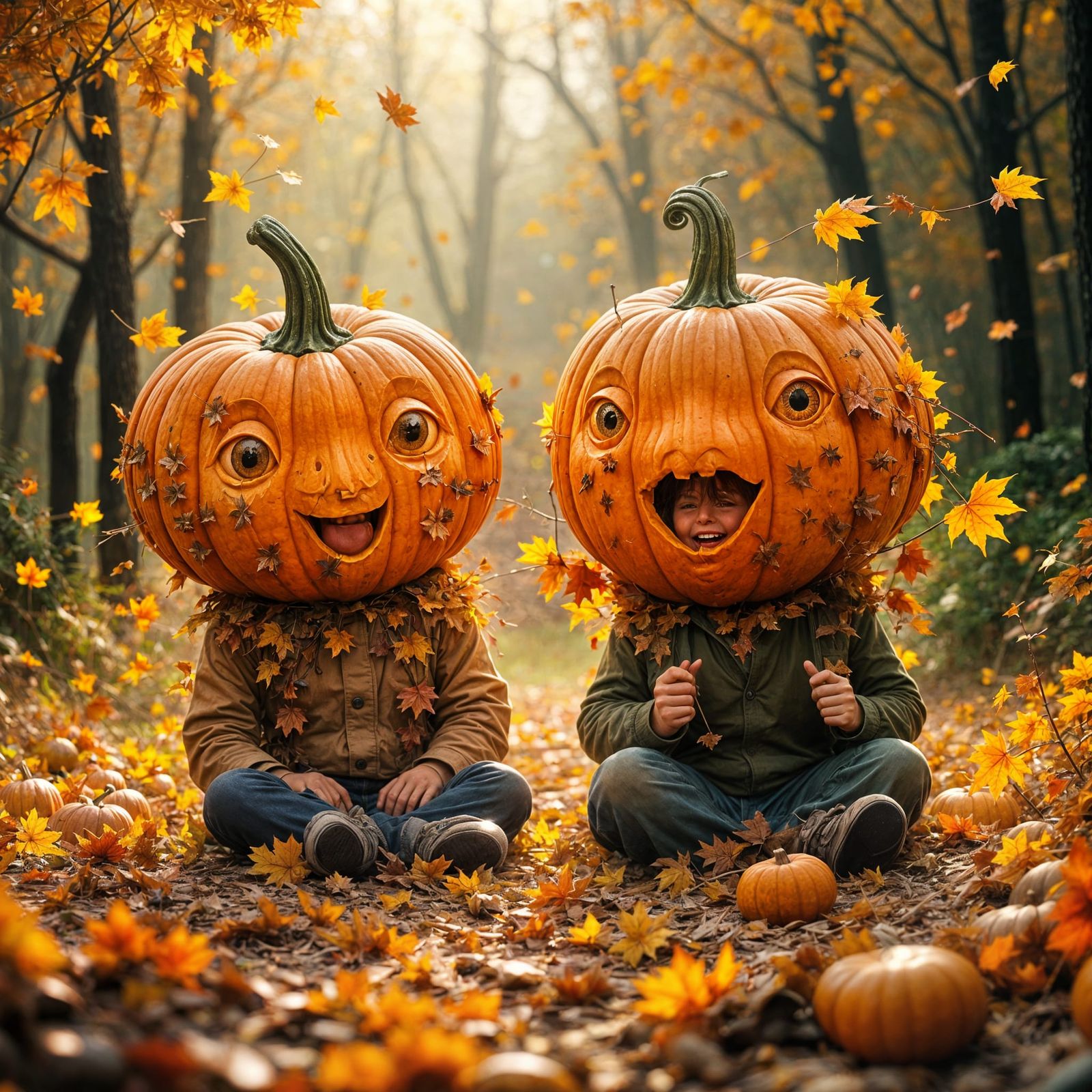 Pumpkin Headed Creatures Play In Autumn Leaves