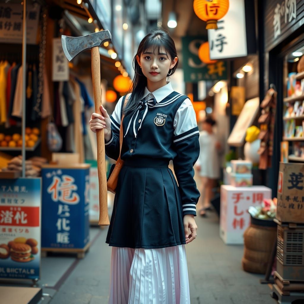 Japanese Student with Axe at Street Market
