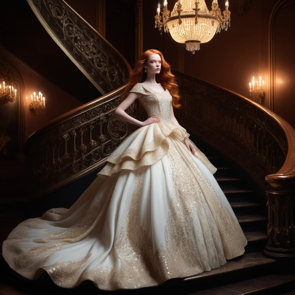 Elegant Woman in White Gown on Staircase