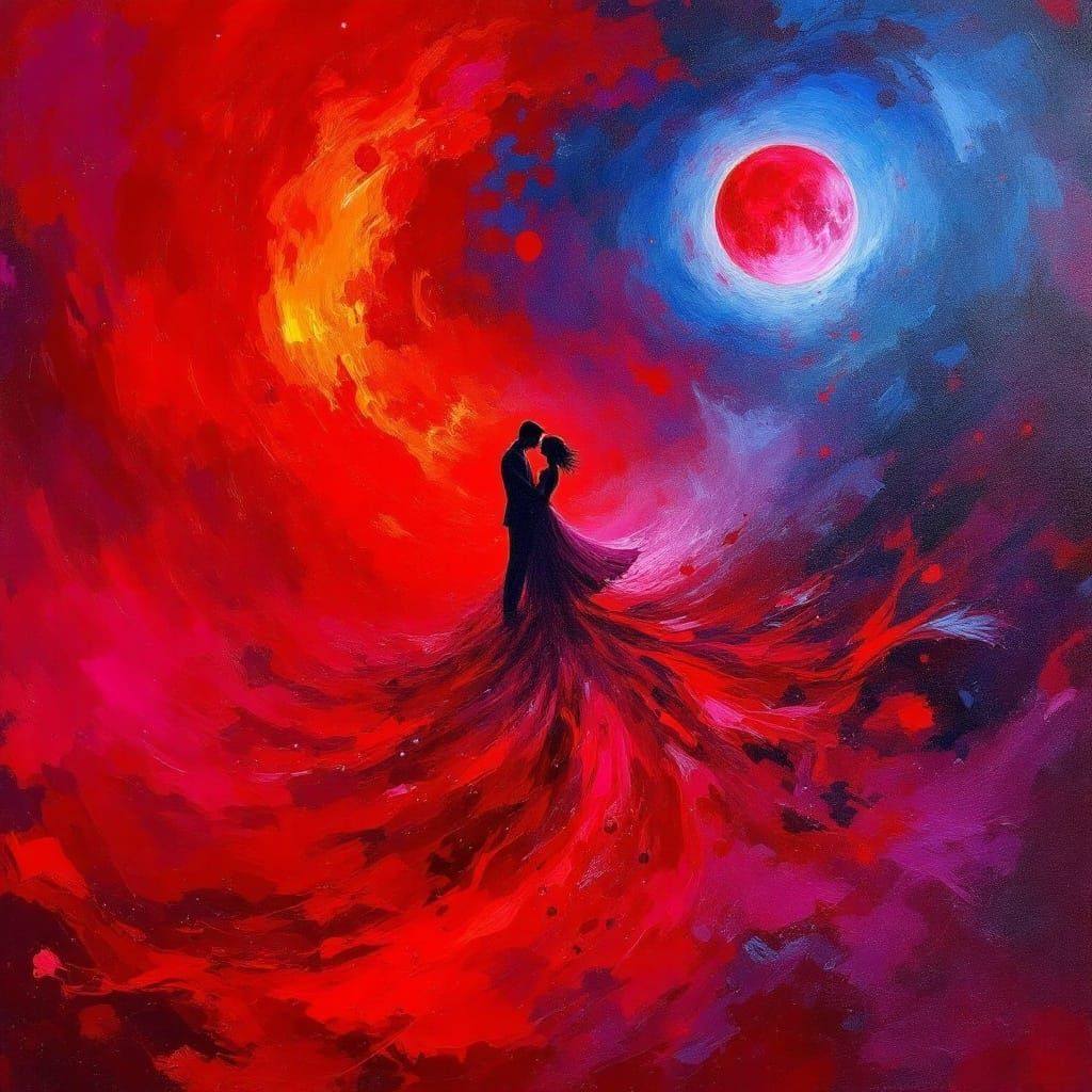 Lovers Dancing Under a Crimson Blood Moon in Neo-Impressioni...