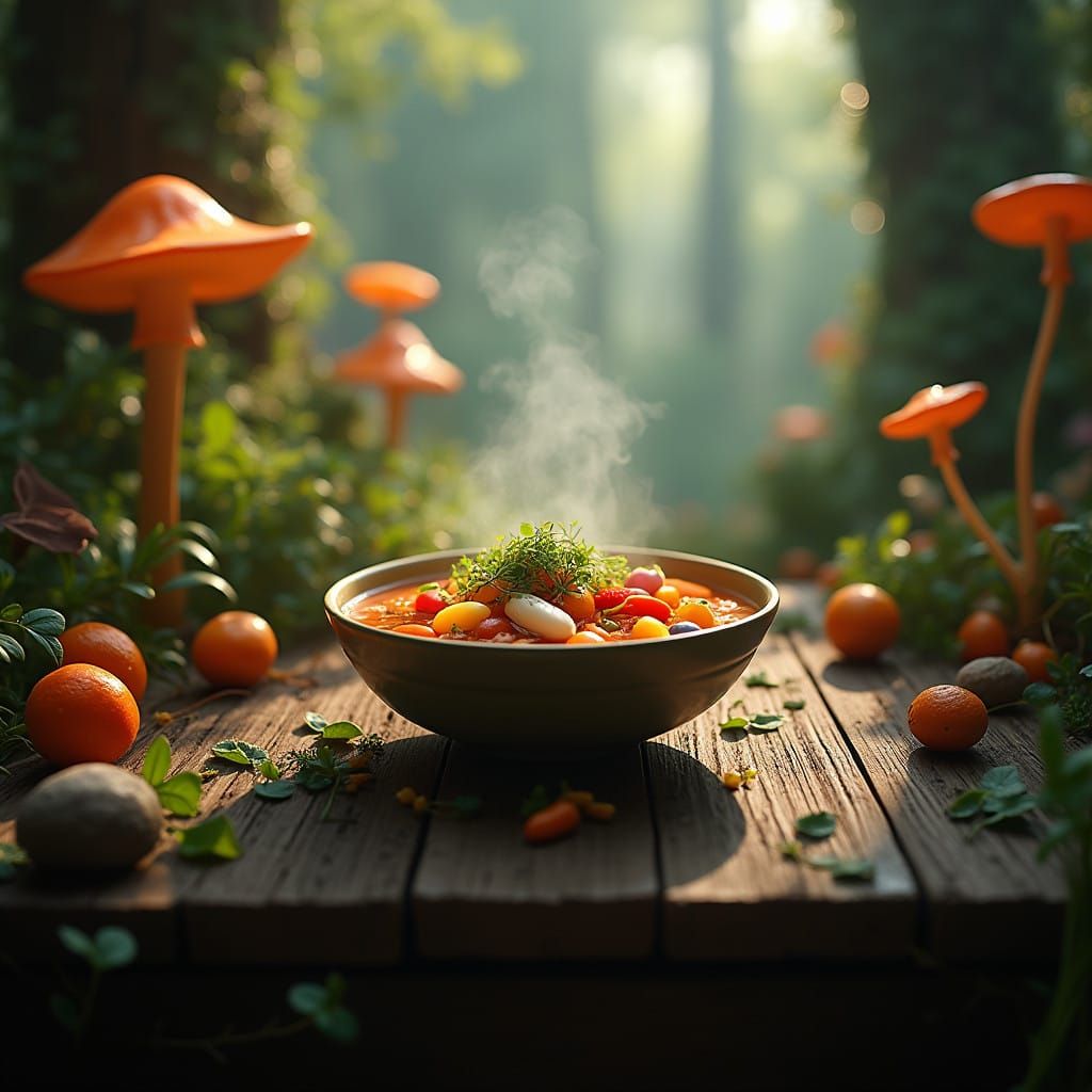 Whimsical Fantasy Vegetable Soup in Deep, Complementary Colo...