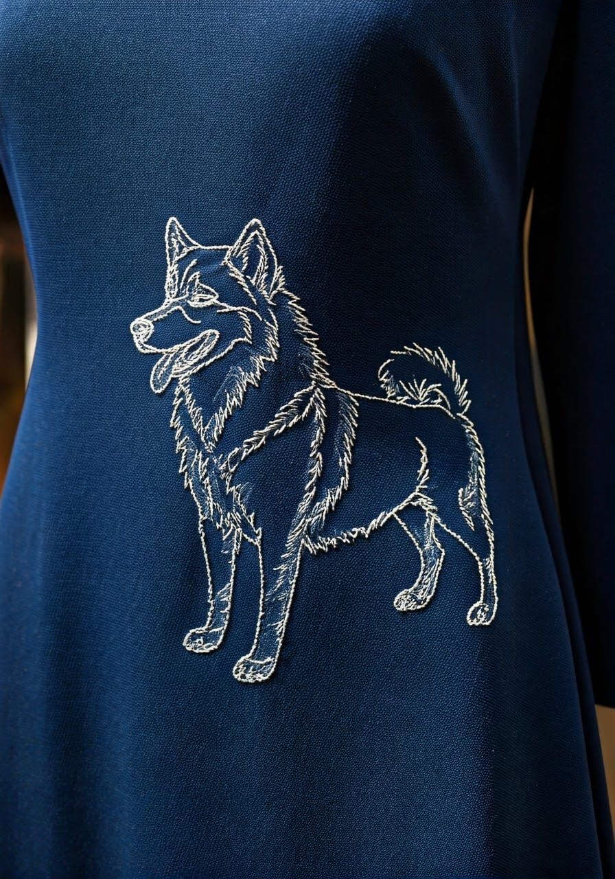 Stylized Dark Blue Gown with Dog Stitching