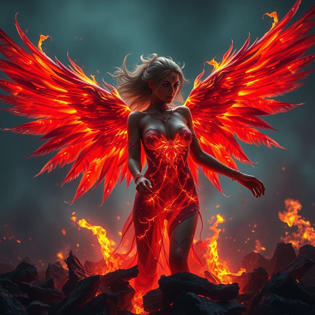 Surreal Goddess Rising from Embers in Vibrant Flaming Beauty