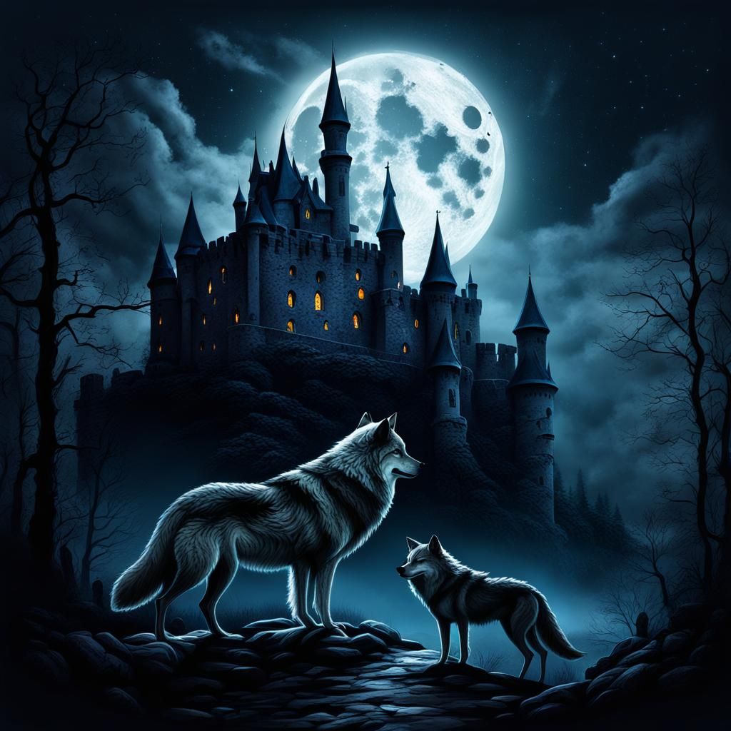 Eerie Castle Under Moonlight with Howling Wolf