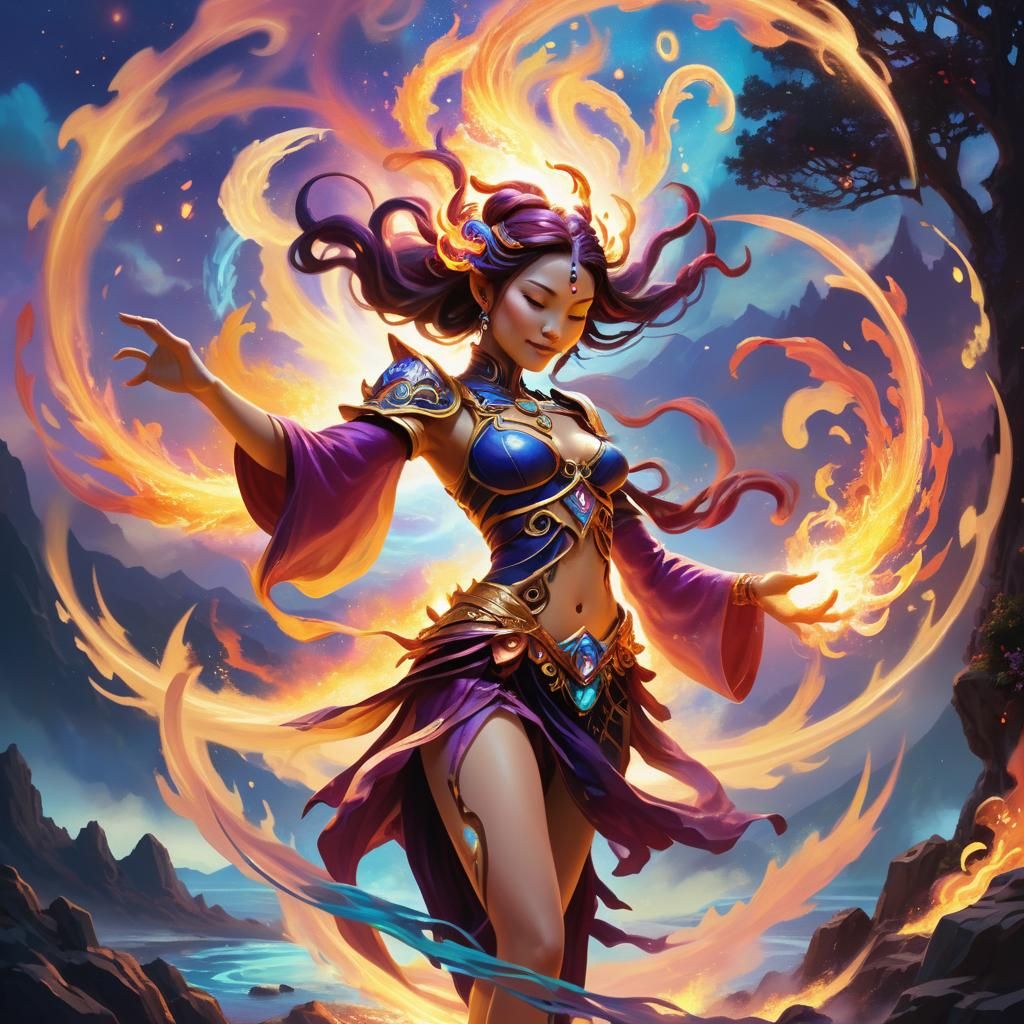 Mystical Maiden's Dawn Dance: Cinematic Oil Painting