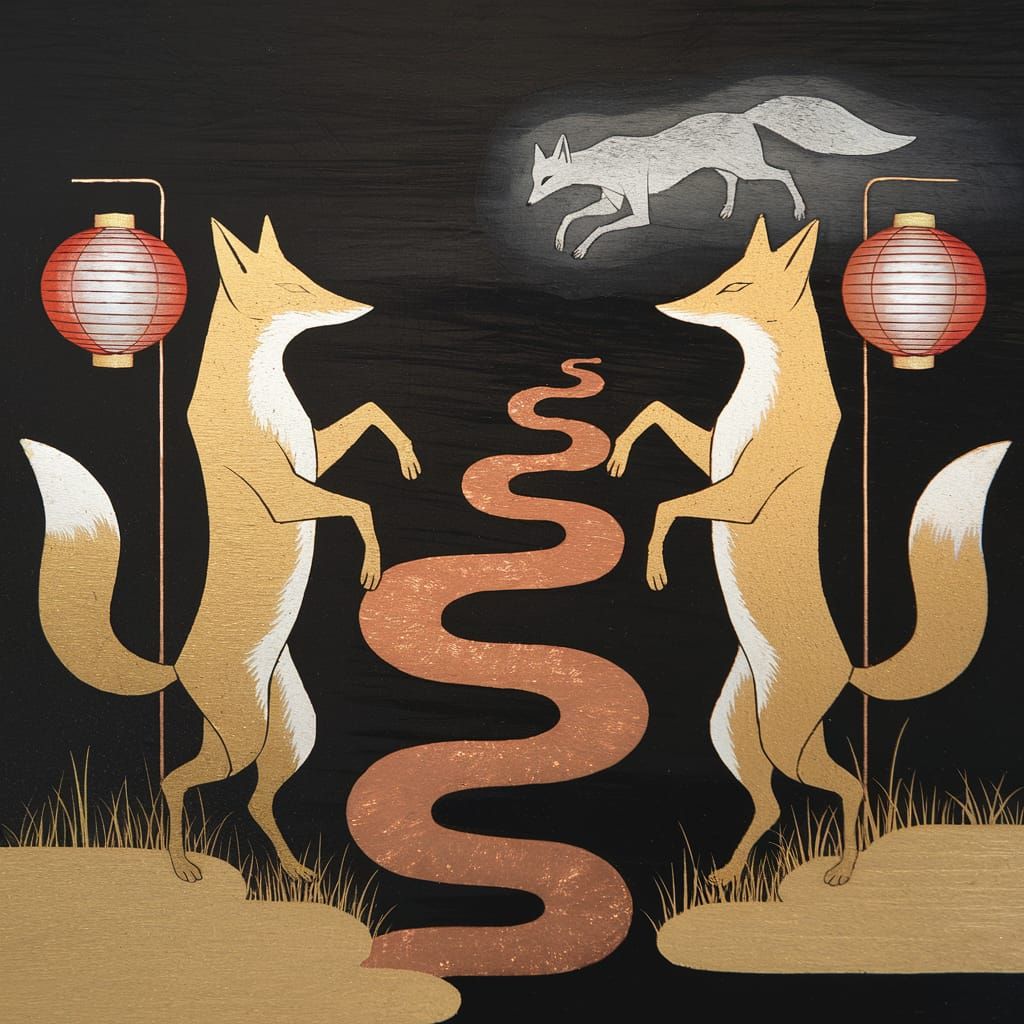 Minimalist Japanese Lacquerware with Gold Foxes and Lanterns