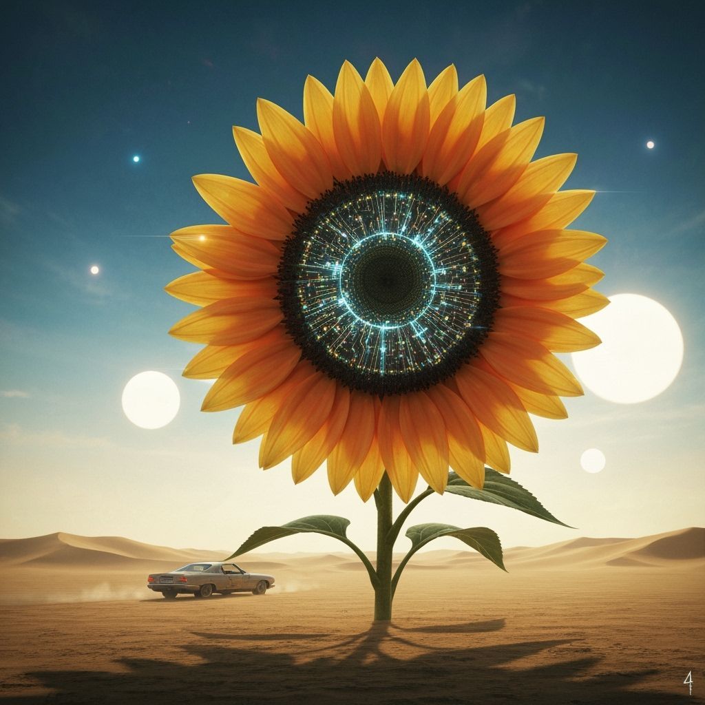 Bioluminescent Cyber Sunflower in Alien Desert