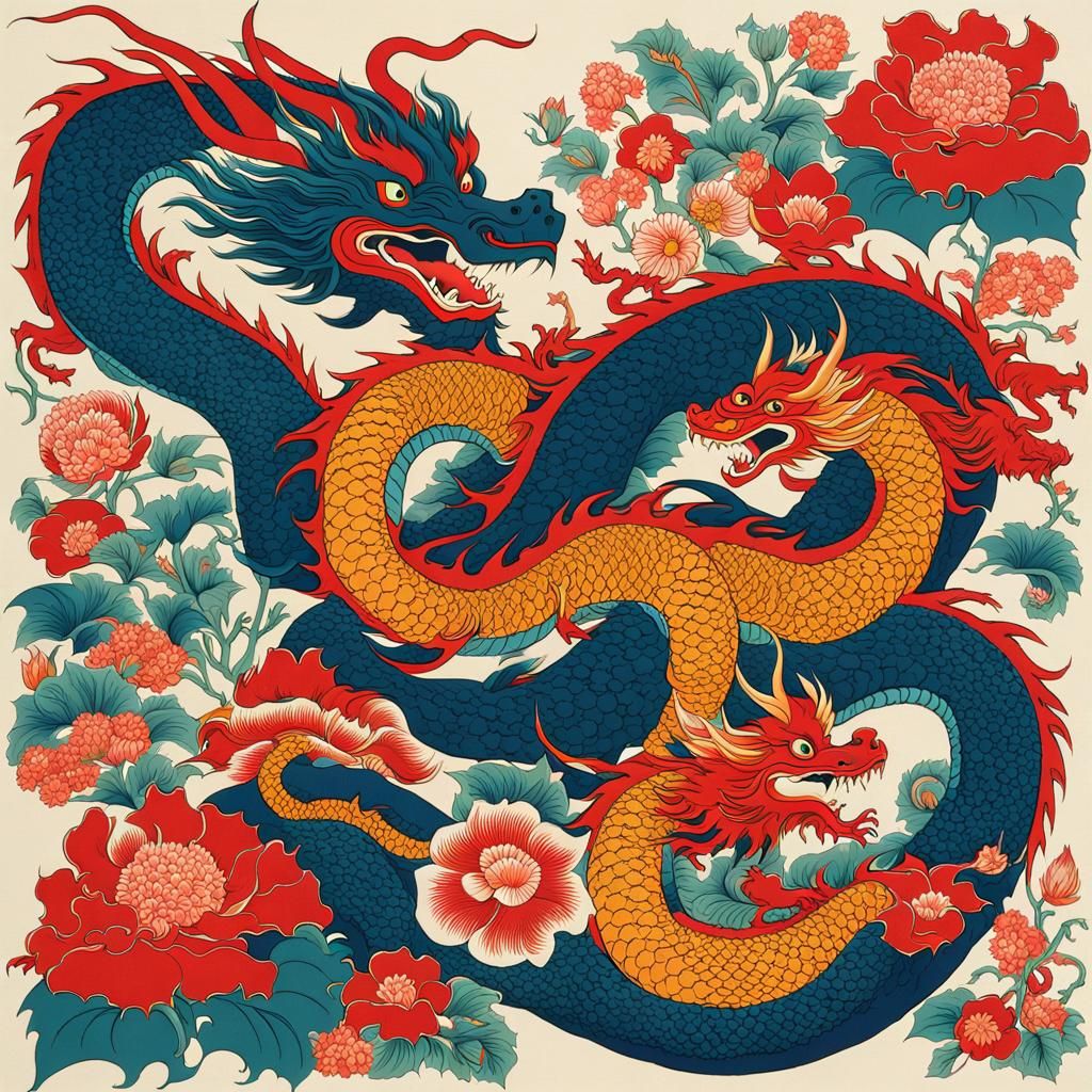 Japanese Print Dragons and Flowers in Bright Colors