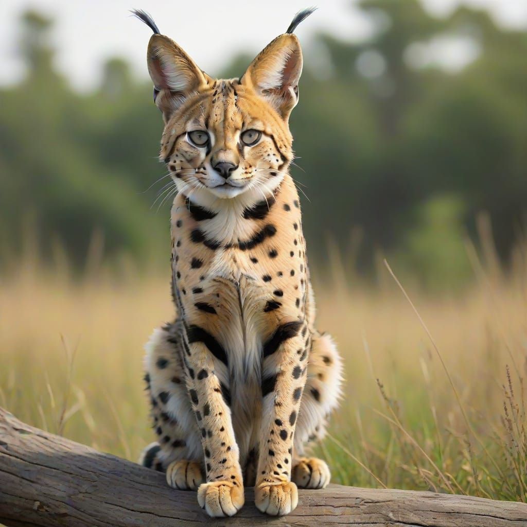 Full grown Serval cat outdoors showing how large he is