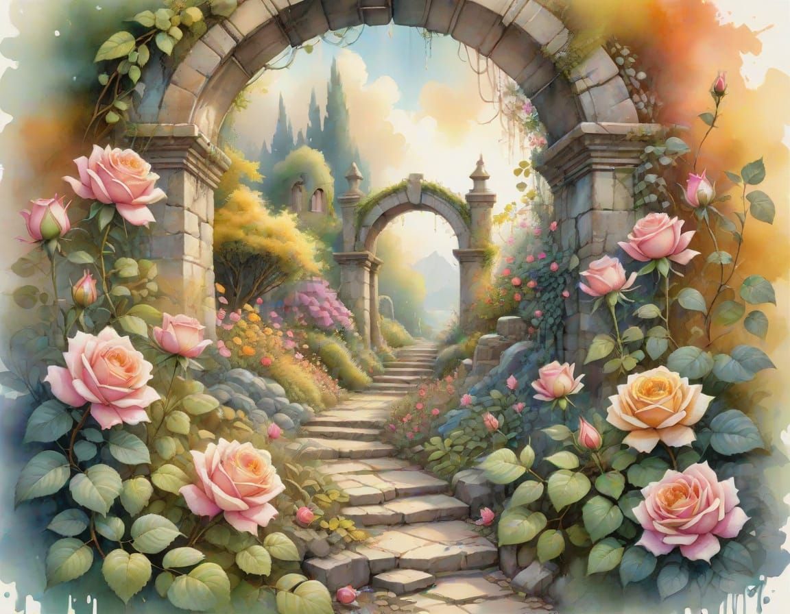 Overgrown Rose Garden Through Stone Archway: Watercolor