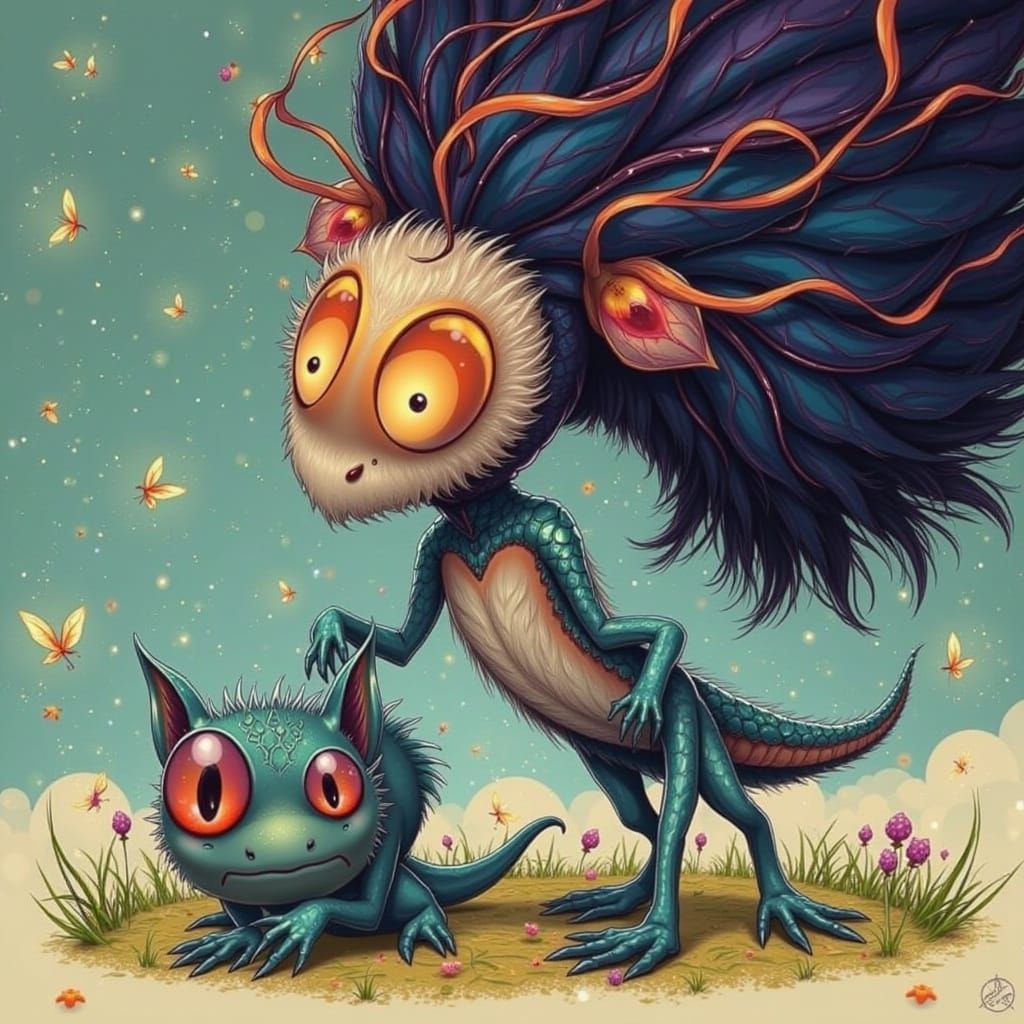 Whimsical Lizard-Mammal Creature in Fantasy Forest