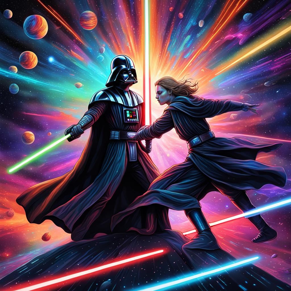 Female Jedi vs Darth Vader in Cosmic Astral Art