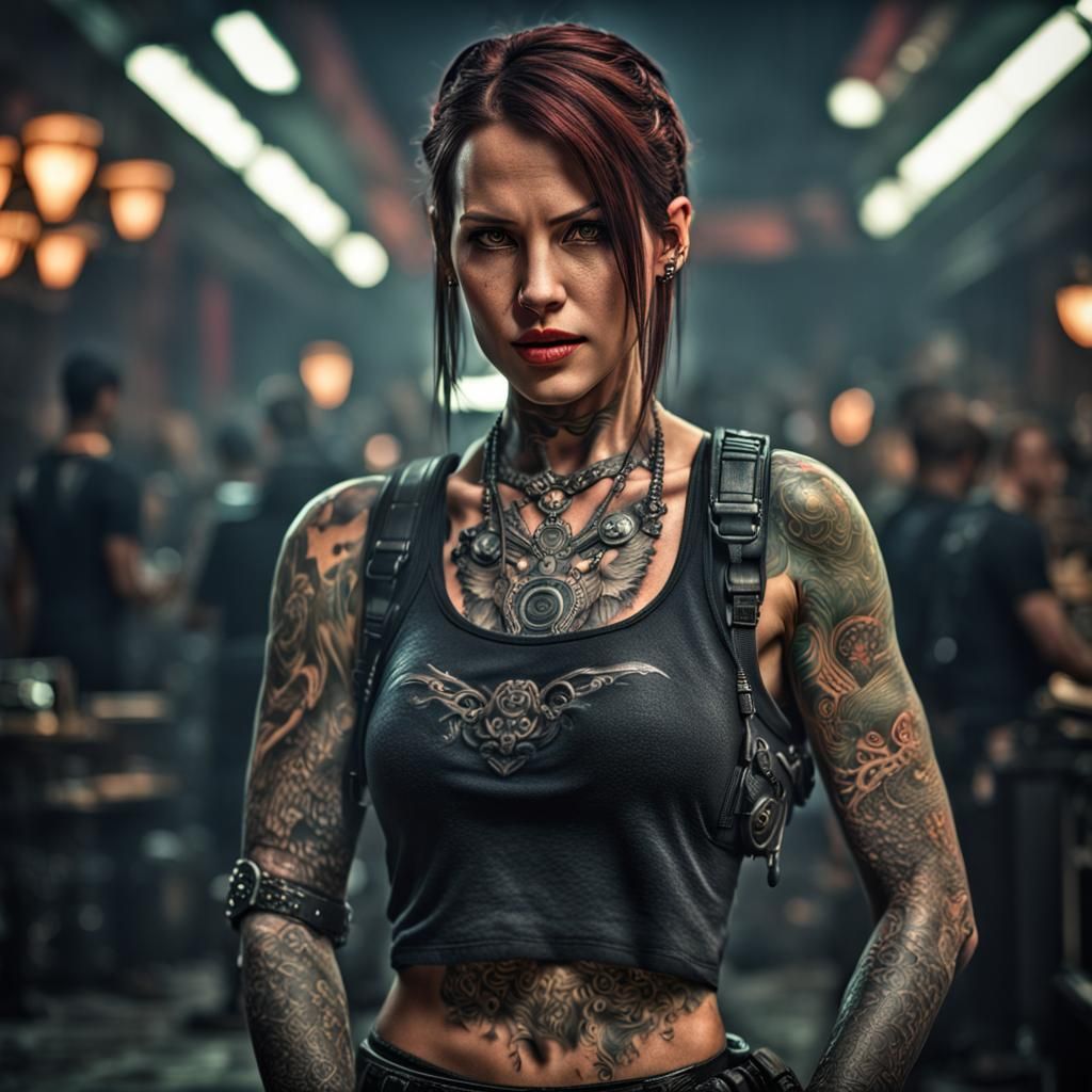 Cyberpunk Woman with Tattoos and Shy Smile