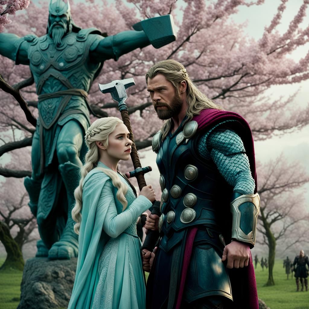 Thor and Daenerys in Cherry Blossom Field