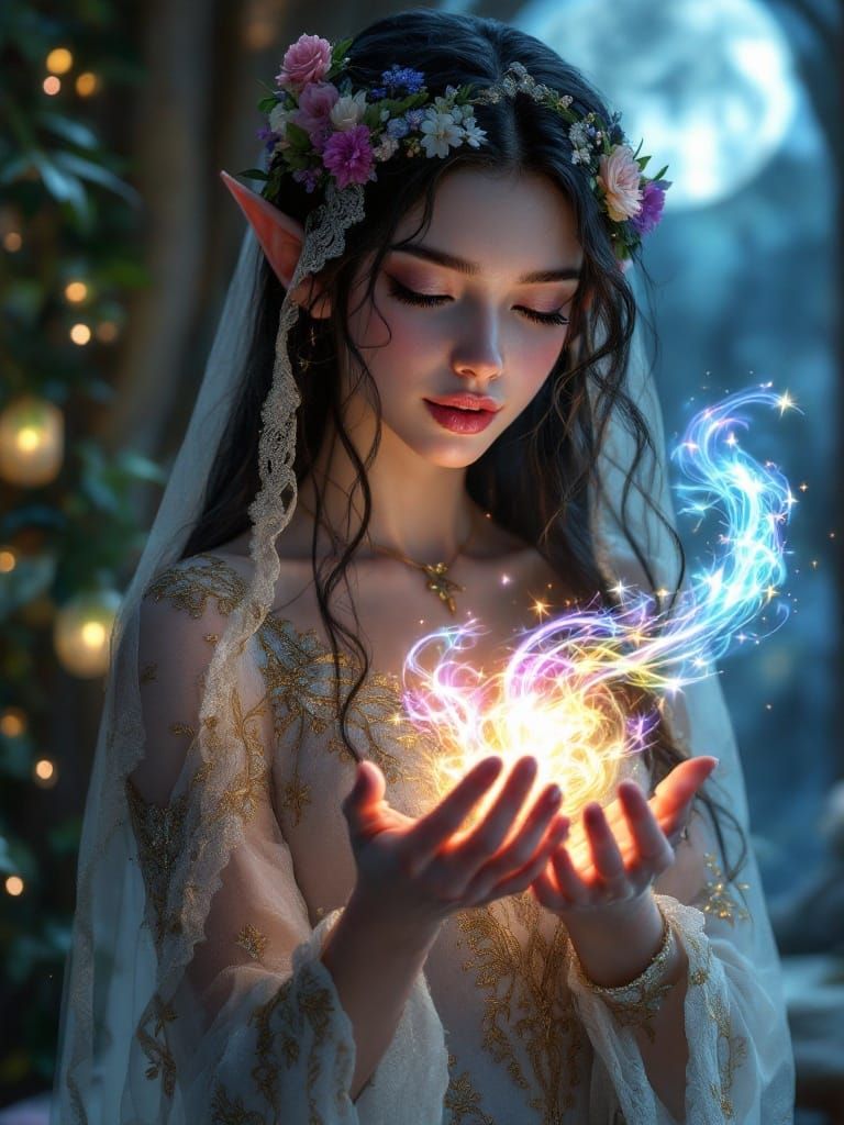 Enchanting Elf Maiden in Elven Gown and Veil