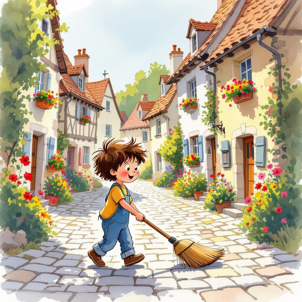 Joyful Child Drags Broom in Sunny Village Watercolor
