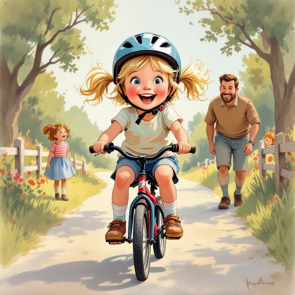 Girl Rides Bike in Whimsical, Vibrant Style
