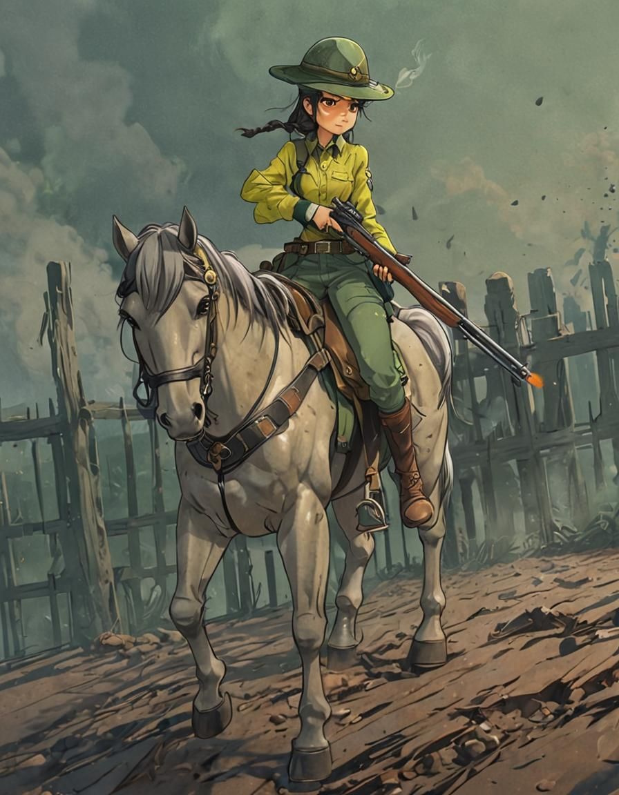Anime Girl Sniper on Horseback in Military Uniform