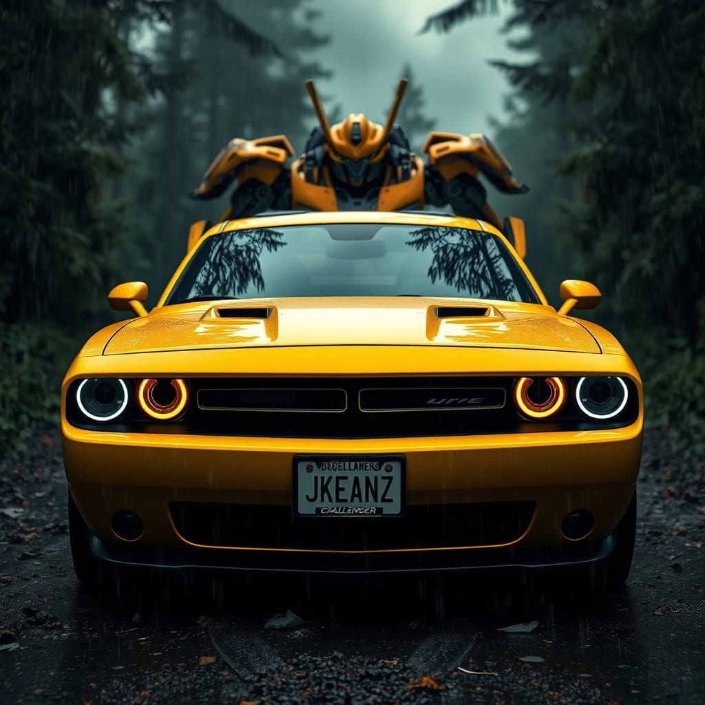 Yellow Dodge Challenger in Dark Forest, Digital Art