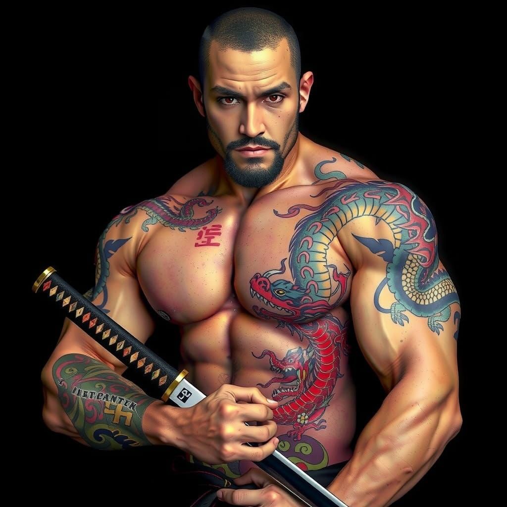 Yakuza Tattooed Man with Katana in Anime Style