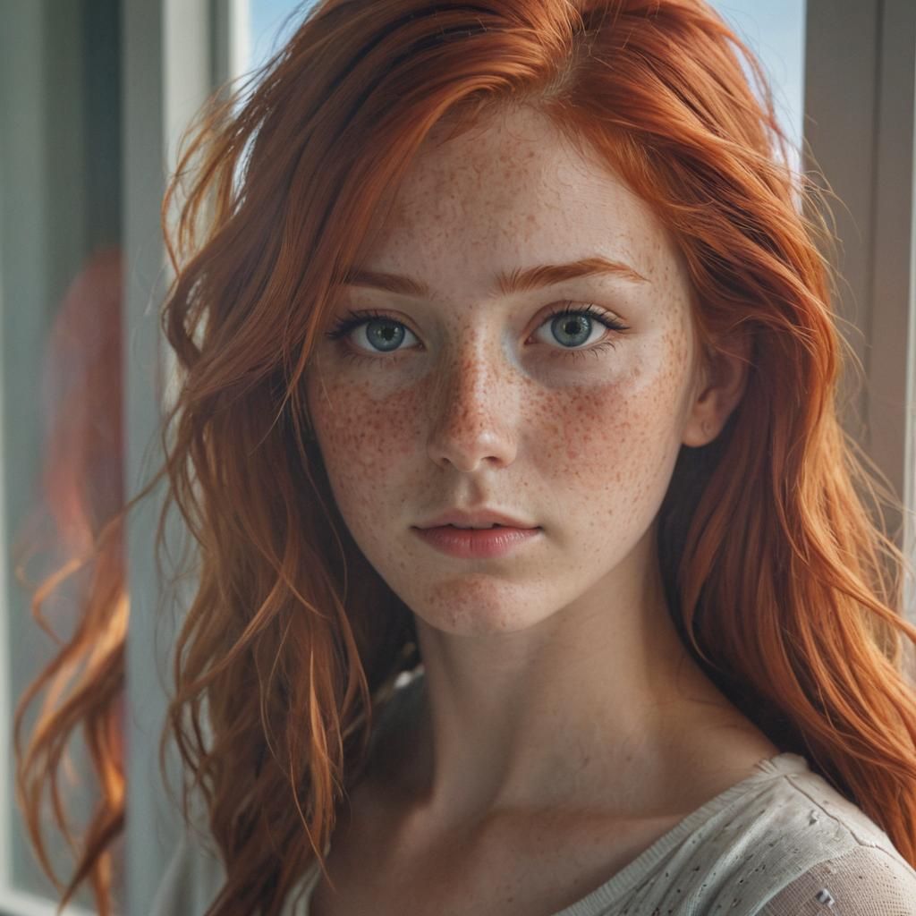 Anime Girl Portrait with Red Hair at Window