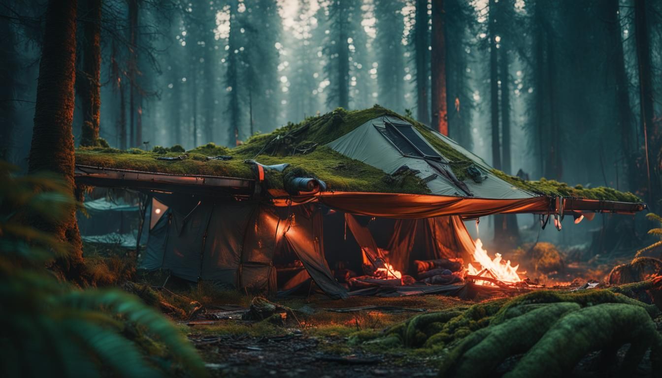 Wrecked Plane in Cyberpunk Forest with Wolves