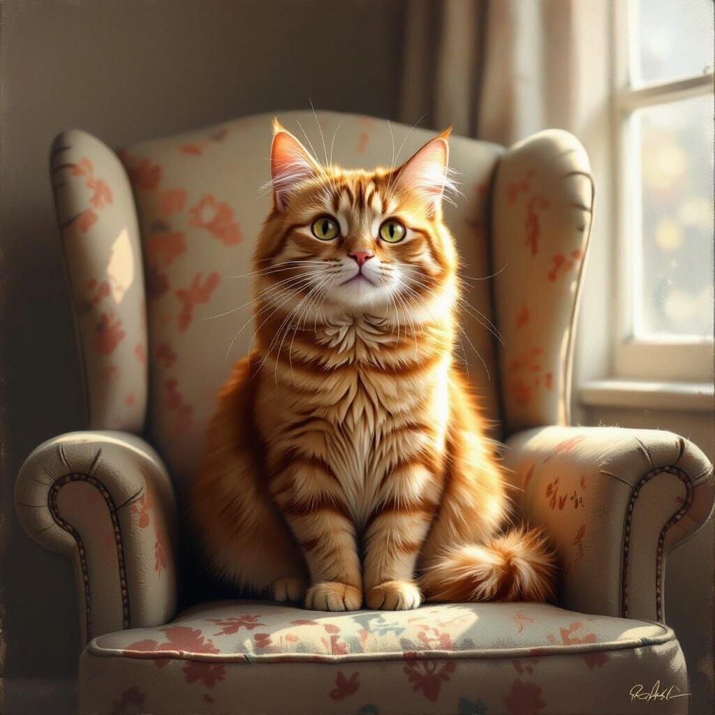 Confused Ginger Cat on Armchair in Painterly Style
