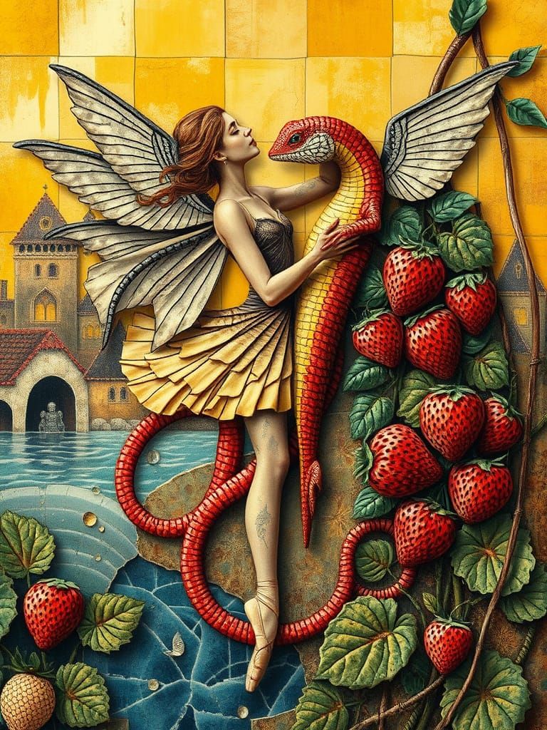 Ballet Dancer and Fisherman Embrace in Spiral Landscape