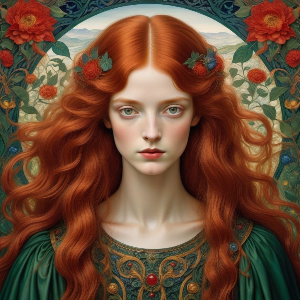 Mystical Red-Haired Woman Portrait in Pre-Raphaelite Style