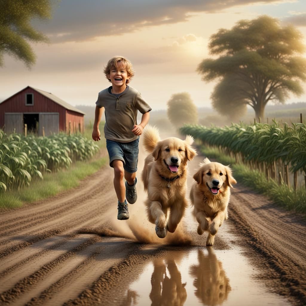 Boy and Golden Retriever Running on Farm Road