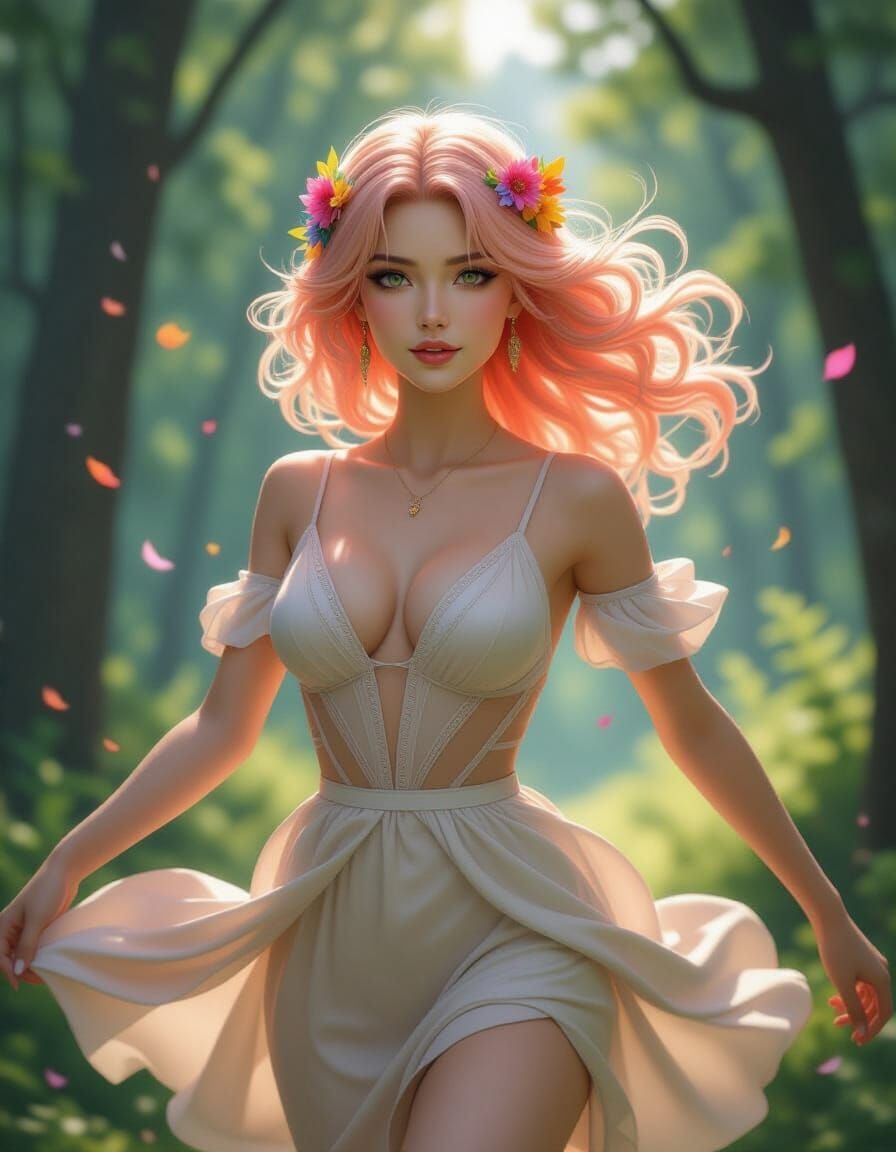 Woman with Floral Hair: Dynamic 3D Rendering