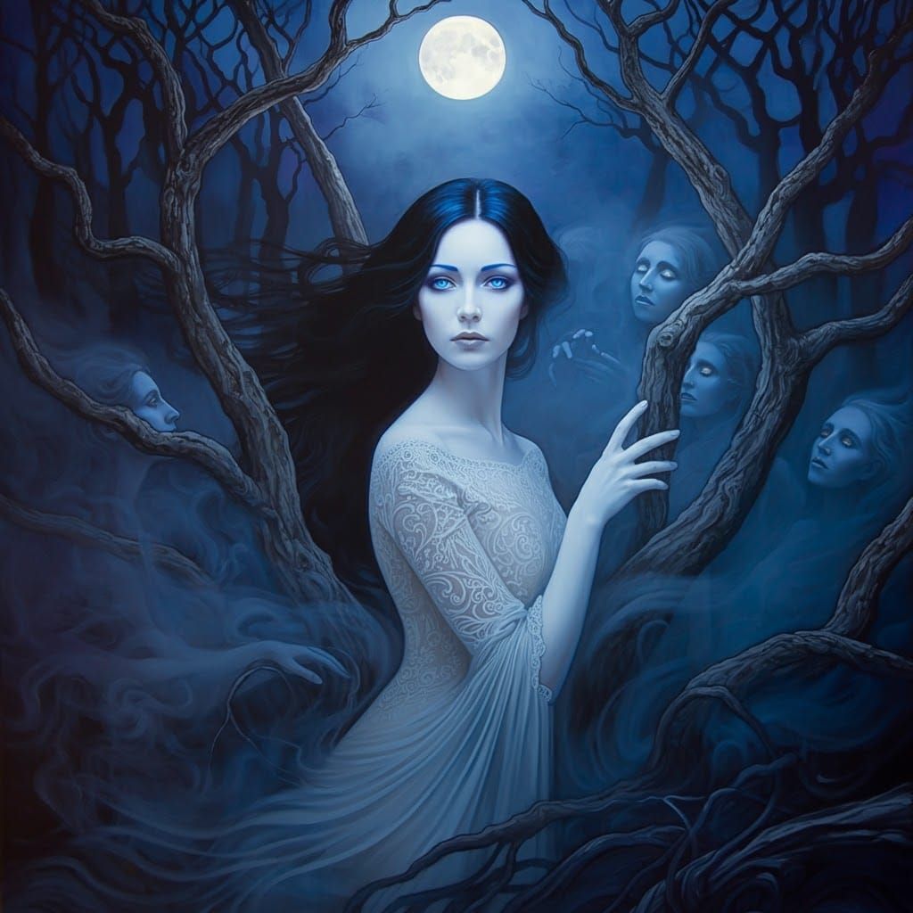 A woman with porcelain skin and raven hair, dressed in a flo...