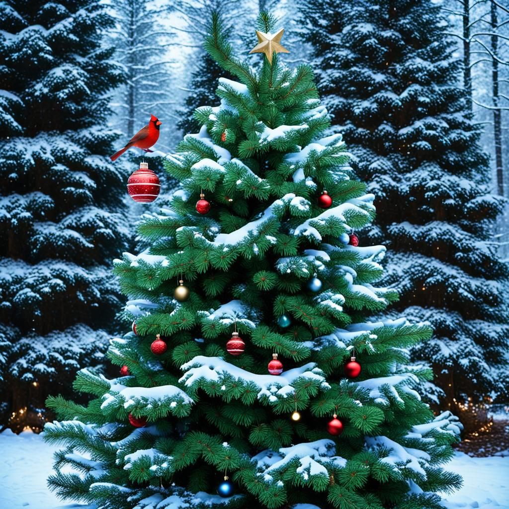 Winter Wonderland Christmas Tree Scene in Forest