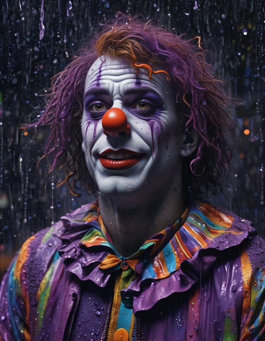 Clown's Pointillist Tears in Purple Rain