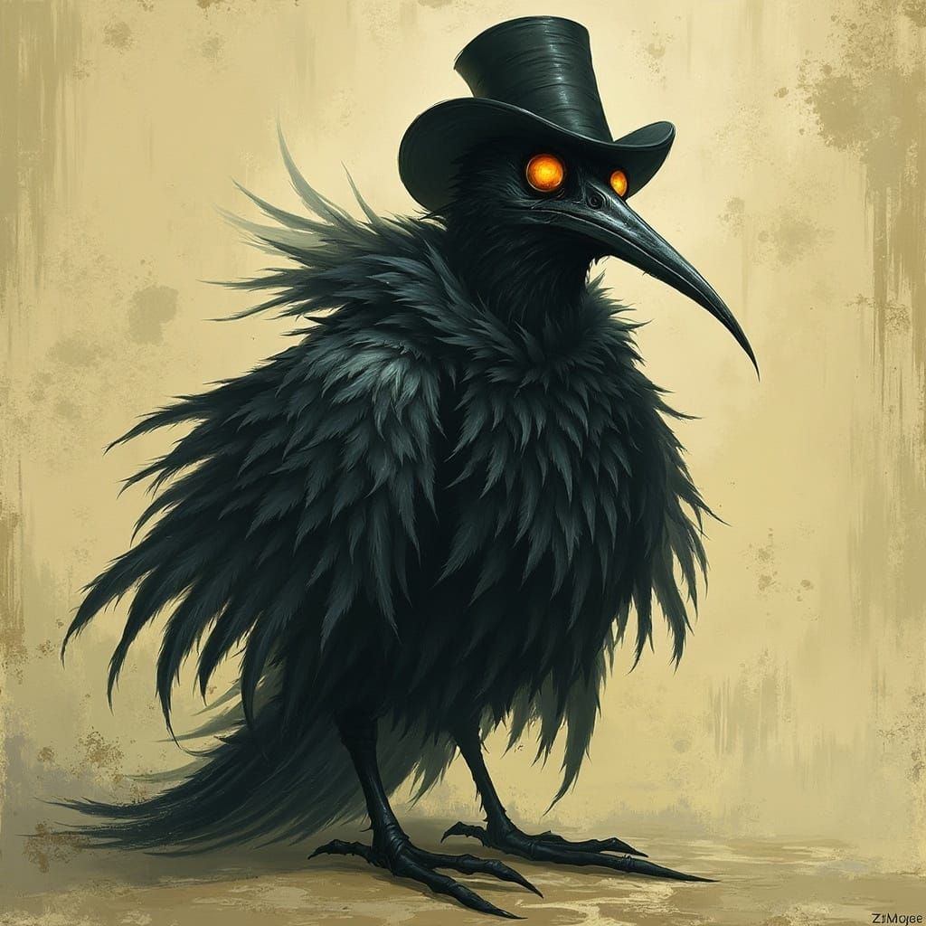 Gothic Bird in Cloak and Top Hat Illustration