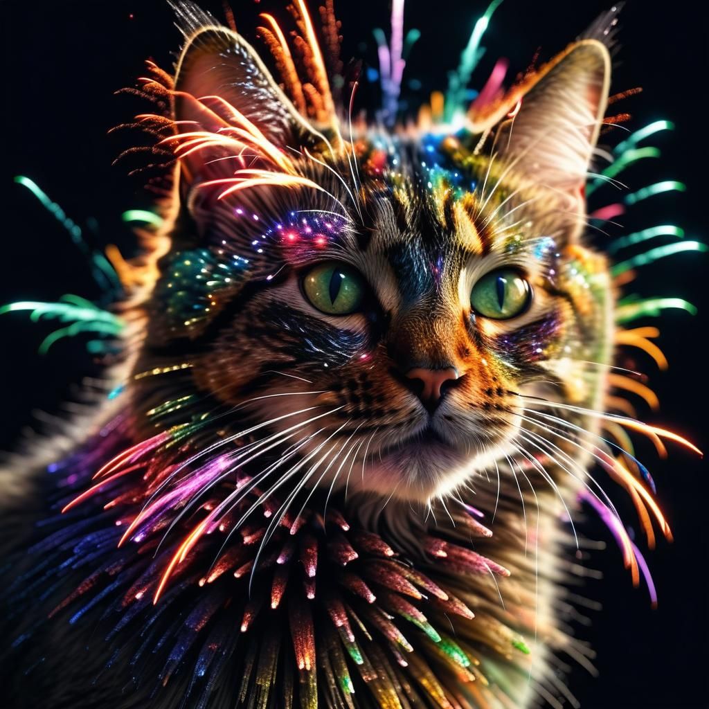Fireworks Cat Display in Night Sky