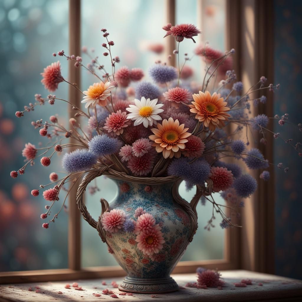 Faded Flowers in Broken Vase: Hyperdetailed Photograph