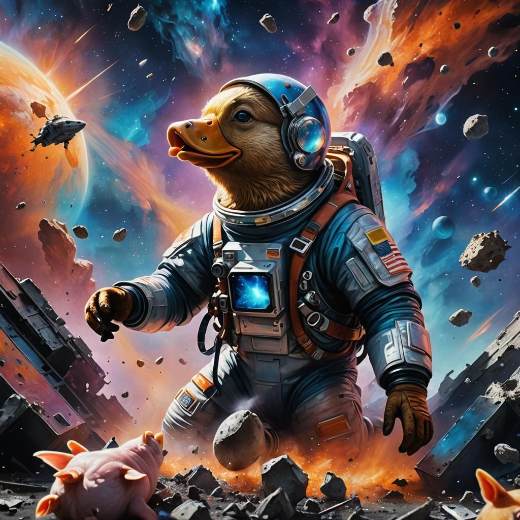 Duck Feeds Pig in Space: Hyperrealistic Sci-Fi Art