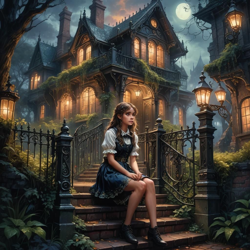 Ethereal Victorian Night Scene with Girl in Fantasy Art