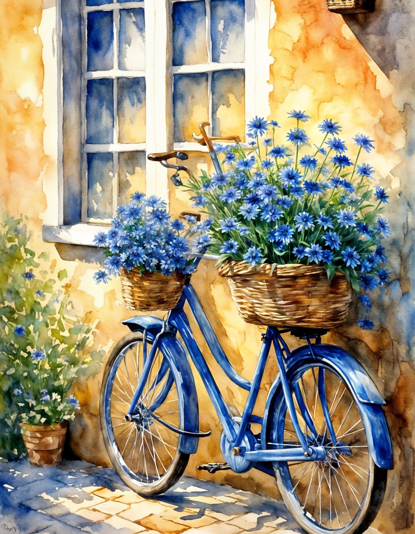 Blue Bicycle with Cornflowers: Watercolor Fine Art