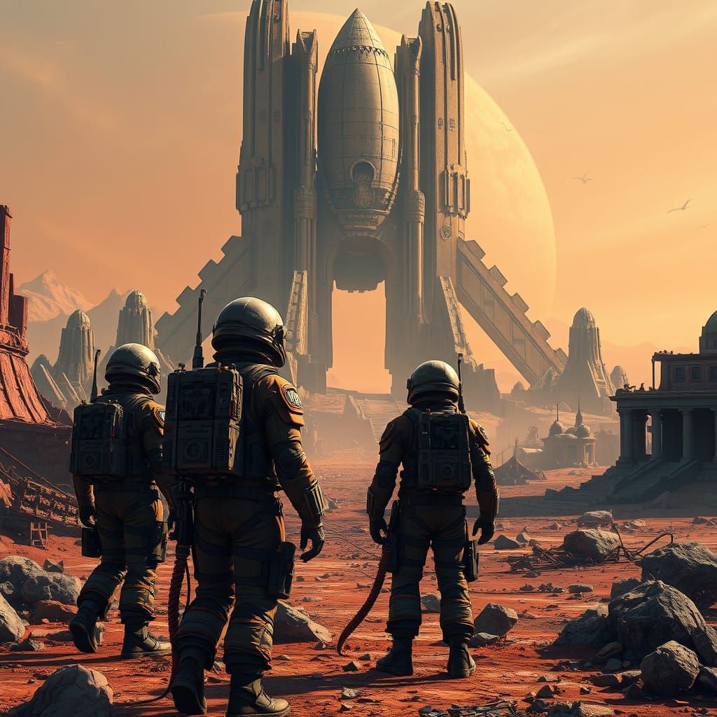 Ruined Martian Cityscape with Rocketship Crew