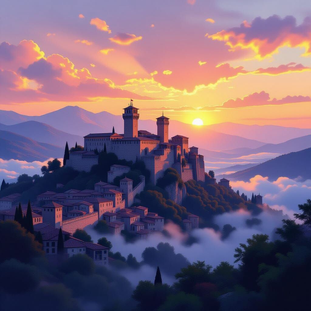 San Marino Golden Hour Landscape: Towers on Mount Titano