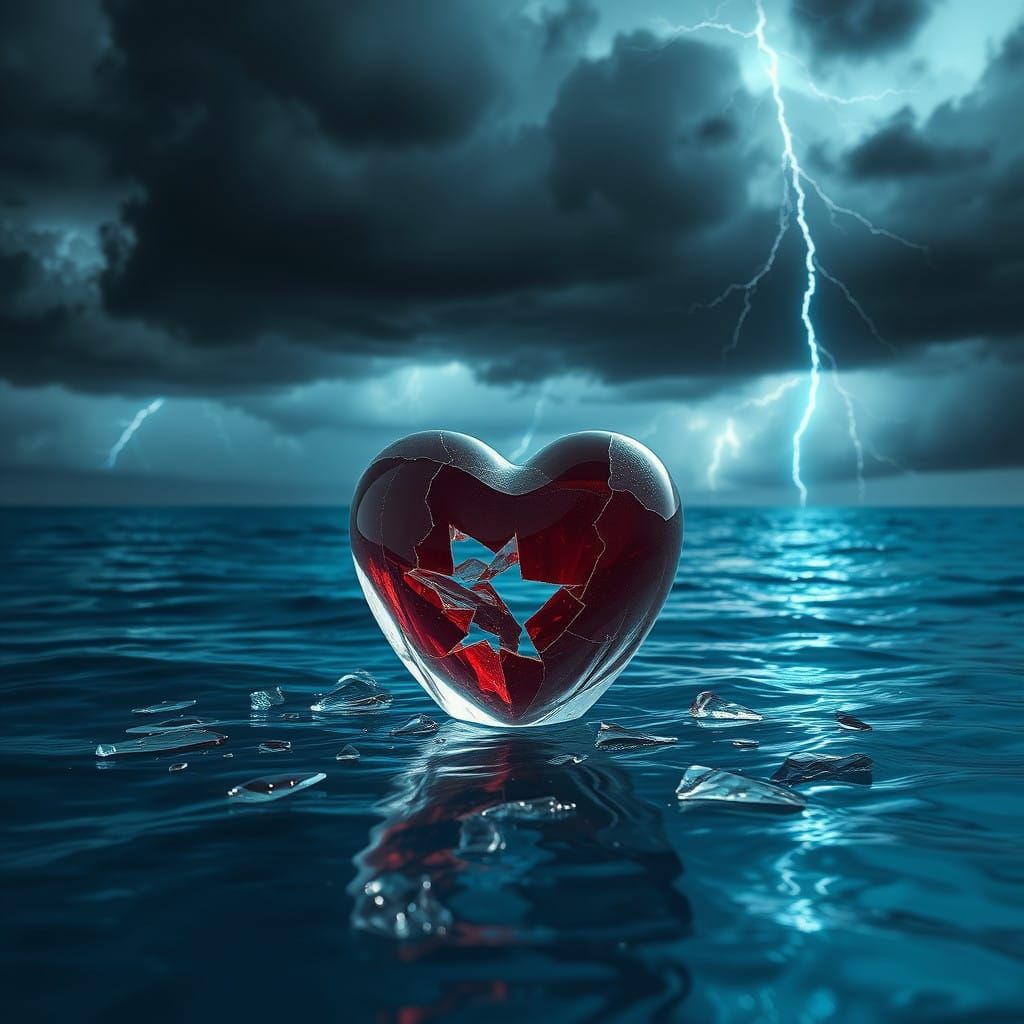 Shattered Heart Suspended in Sapphire Ocean