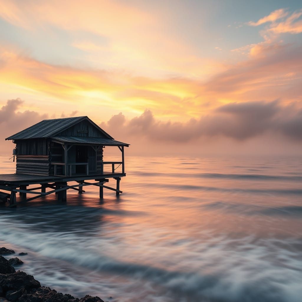 Rustic Seaside Fishing Hut at Dawn or Dusk in a Soft, Gradie...