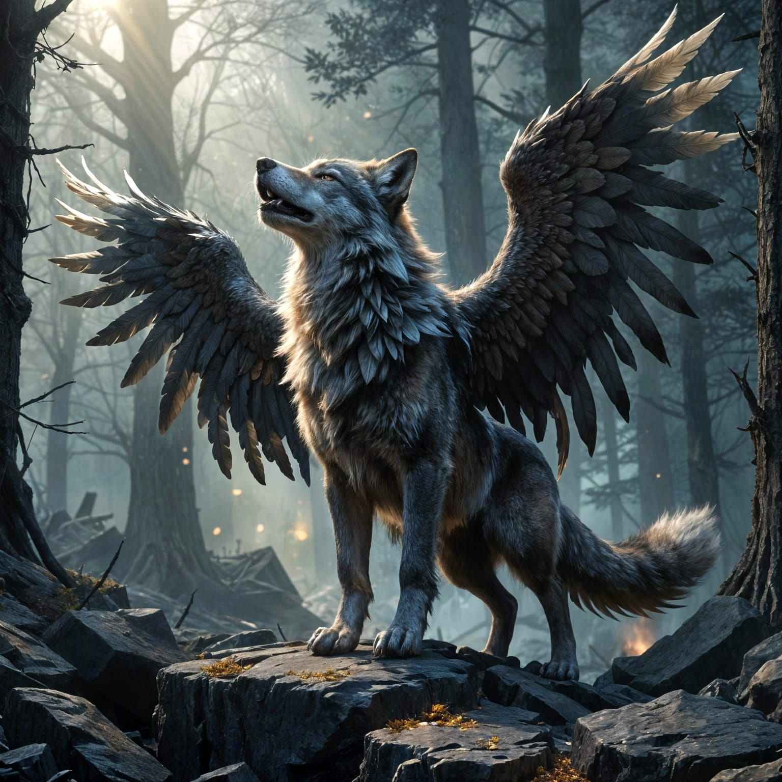 Wolf-Fox Hybrid With Angel Wings in Realistic Style