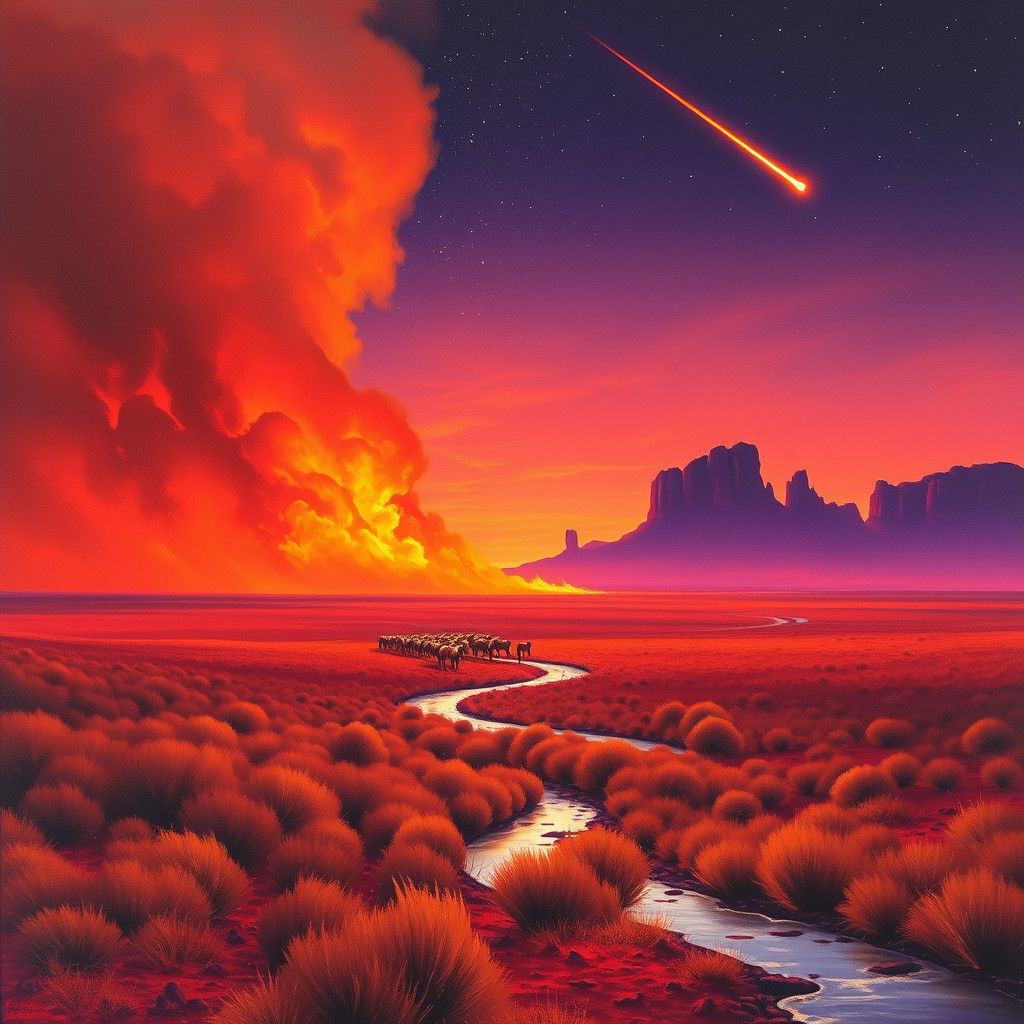 Crimson Wildfire Sweeping Desert Landscape at Dusk