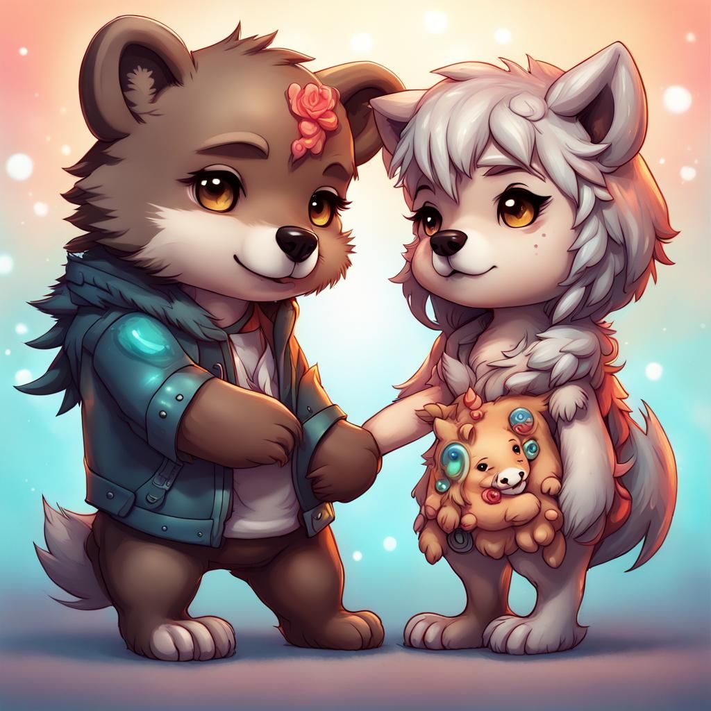 Chibi Wolf and Bear Holding Hands, Hyperrealistic Art
