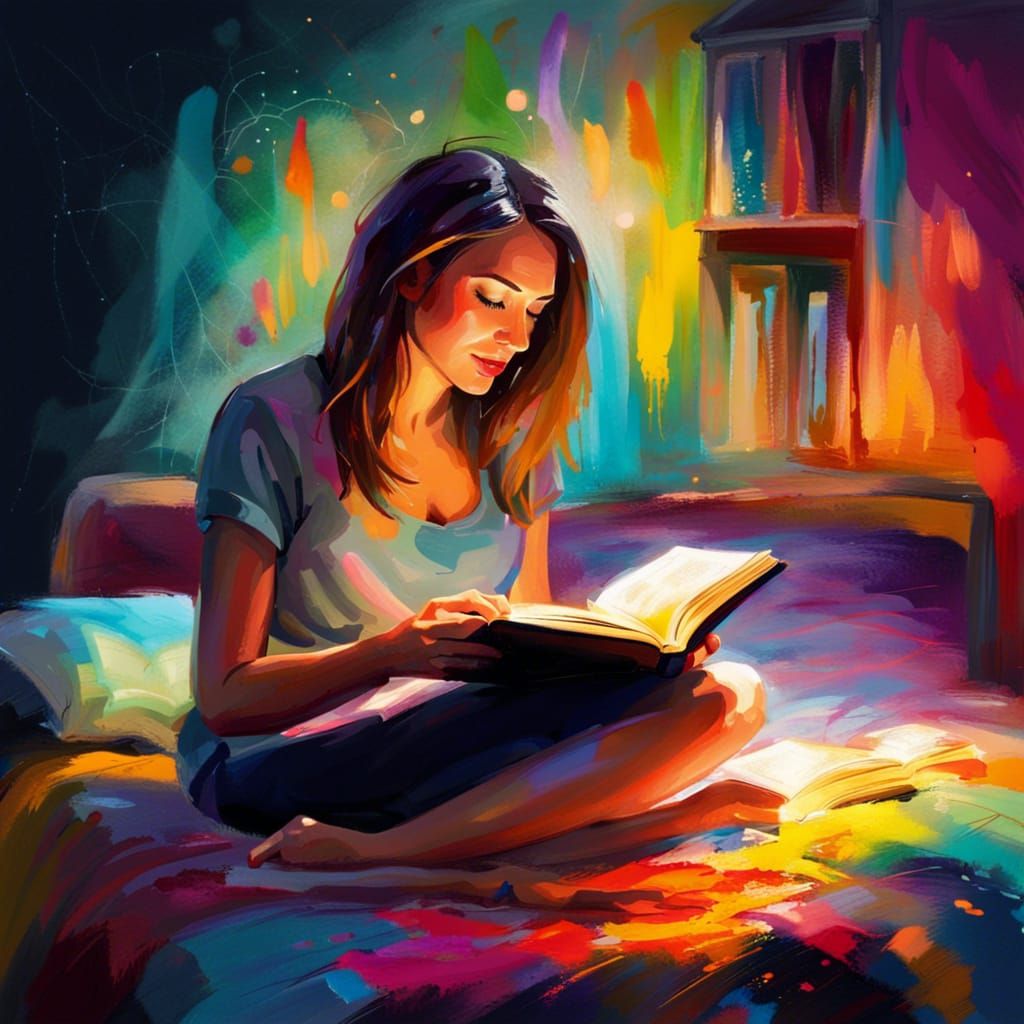 Woman Reading Book with Colorful Lights: Oil Painting